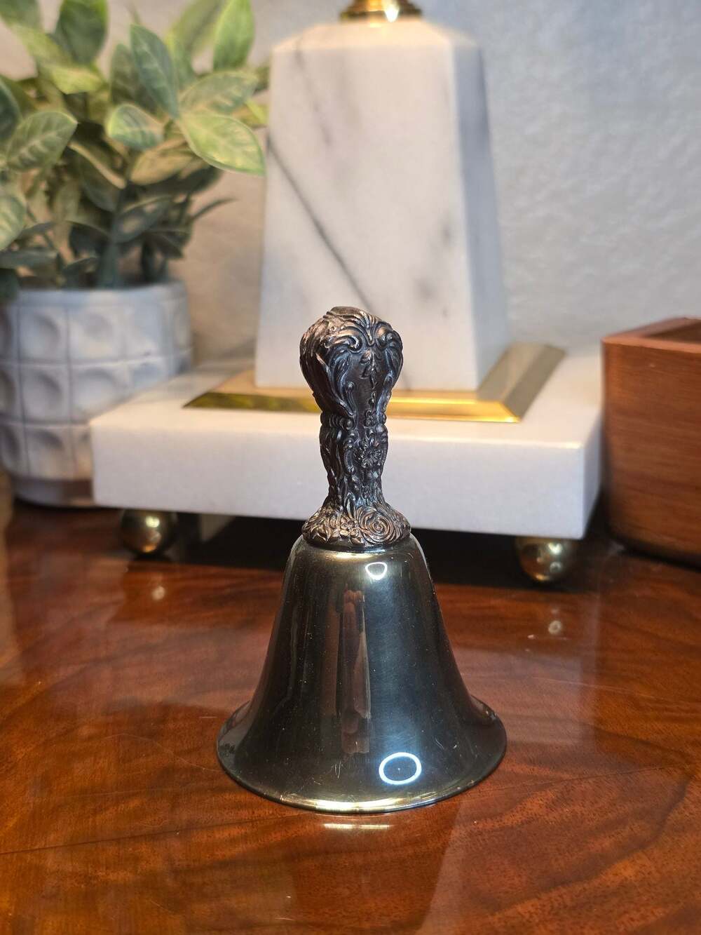 Vintage Ornate Silver Toned Tea Bell with Floral Scroll Handle
